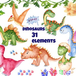 Dinosaur Clipart: 30 Hand-Painted Watercolor Graphics (PNG)