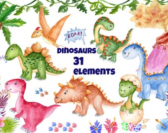 Imágenes prediseñadas de dinosaurios, más de 30 elementos pintados a mano, lindas imágenes prediseñadas de dinosaurios, T-rex, Triceratops, brontosaurio, gráficos de estegosaurio PNG