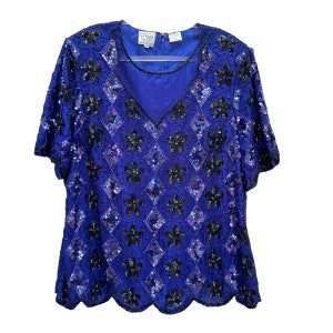 Vintage 80s Stenay Beaded Sequin Silk Blouse Plus Size 3X Art Deco Great Gatsby 20s Cobalt Blue New Year’s Eve Las Vegas Sparkle Glam