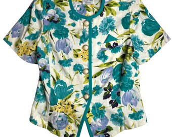 Blazer floral ajustado de manga corta • Años 80 Años 90 Preppy Bloomcore Princesa Diana Chic