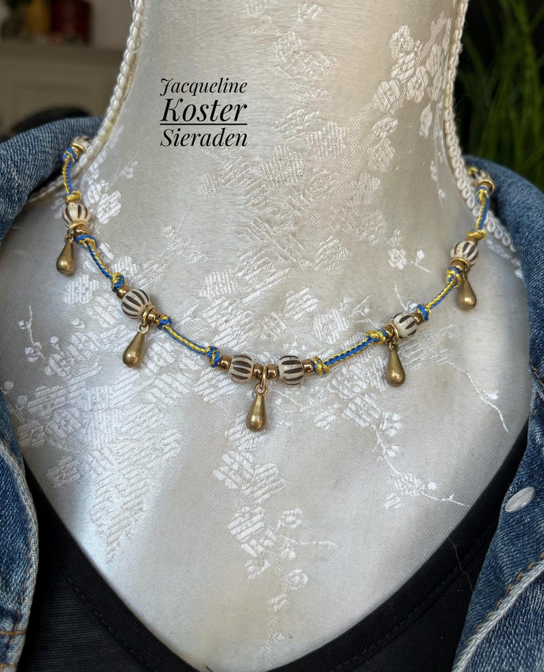 Cord Necklace, Hippie Necklace, Brass Drops, Bone Beads, Gift Idea