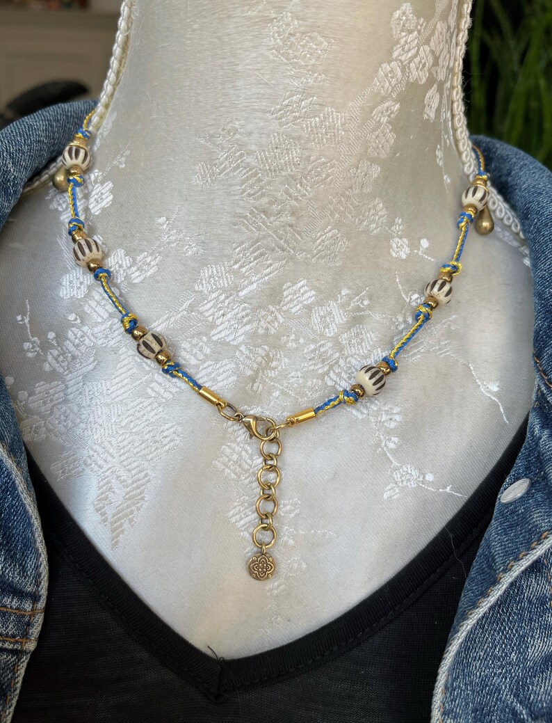 Cord Necklace, Hippie Necklace, Brass Drops, Bone Beads, Gift Idea