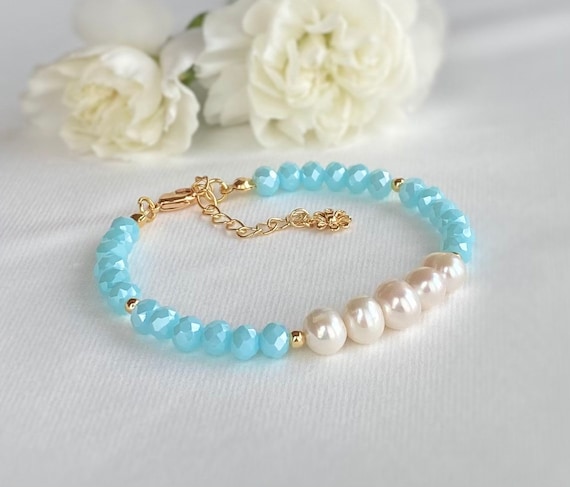 PEARL BEAD BRACELET W/GLASS BEADS LIGHT BLUE PEARL BEAD BRACELET W/GLASS BEADS LIGHT BLUE