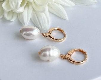 Natural Baroque Freshwater Pearl Earrings/ irregular pearl beads/ 18k gold plated hoop earrings/ silver color plated/ Nickel Free.