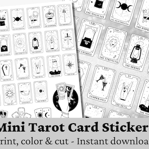 Etiquetas de cartas de tarô imprimíveis | 22 Arcanos Maiores | Página para colorir de mini cartas de tarô | Adesivos místicos fofos | Diário DIY para impressão