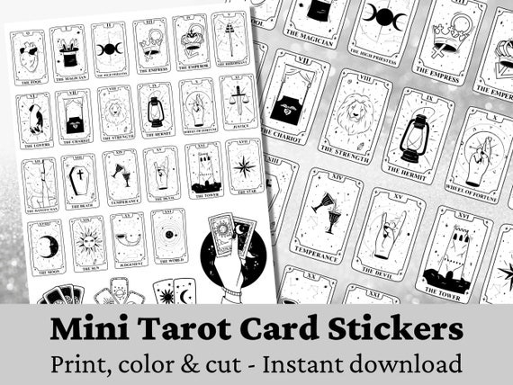 Printable Tarot Card Stickers | 22 Major Arcana | Mini Tarot Cards Coloring Page | Cute Mystic Stickers | DIY Journal Printable