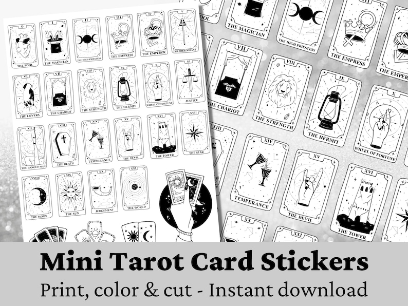 Printable Tarot Card Stickers | 22 Major Arcana | Mini Tarot Cards Coloring Page | Cute Mystic Stickers | DIY Journal Printable image 1