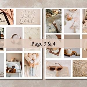 May include: A collage of images with a beige and white color scheme. The images include a book with the text "Self Care Isn't Selfish", a cup of coffee, a bath with candles, a book with sunglasses, a field of daisies, and a glass of wine. The text "Mind Body Soul" is written on a beige surface. The text "Page 3 & 4" is written on a beige banner.