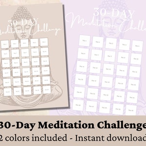 Op de afbeelding: Een printbare 30-daagse meditatie-uitdagingstracker met twee kleur opties. De tracker bevat een gestileerde illustratie van een mediterende Boeddha met een raster van 30 vierkanten voor dagelijkse vinkjes.
