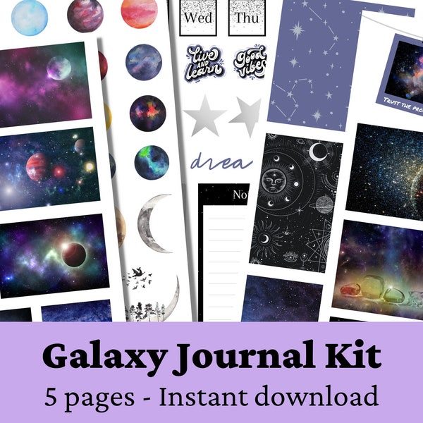 Cosmic Galaxy Stickers Printable | Planet, Stars, Moon Galaxy Sticker Pack Journal Kit  | Mystic Universe Bullet Journal Planner Kit