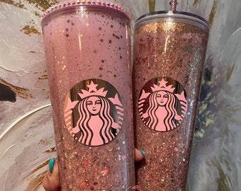 Rose Gold Strawberry Pink Drink Snowglobe Tumbler | Custom Starbucks Tumbler | Custom Snowglobe Tumbler | Strawberry Pink Drink