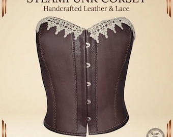 Leather Overbust Corset, Brown Steampunk Corset, Renaissance Pirate Costume Bustier M‑L