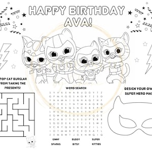 SuperKitties Inspired Activity Sheet, SuperKitties Birthday Placemat, Birthday Party Favors, DIY Party Favors