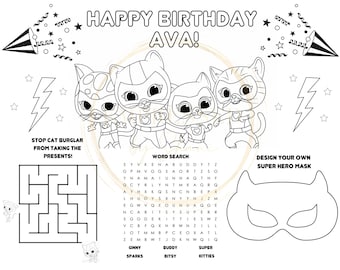 SuperKitties Inspired Activity Sheet, SuperKitties Birthday Placemat, Birthday Party Favors, DIY Party Favors