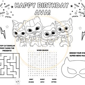 SuperKitties Inspired Activity Sheet, SuperKitties Birthday Placemat, Birthday Party Favors, DIY Party Favors