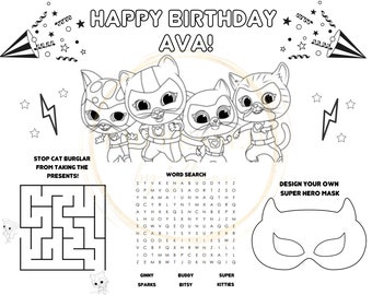 SuperKitties Inspired Activity Sheet, SuperKitties Birthday Placemat, Birthday Party Favors, DIY Party Favors