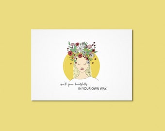 Postkarte, Blumenkrone, selbstgestaltete Postkarte, Flower Power, Flower Crown, Motivationskarte, Affirmationskarte, Postcard, Blumenkarte