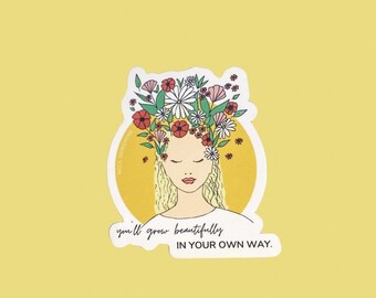 Sticker Frau mit Blumen Krone, Aufkleber, Vinyl, Kratzfest, Laptopsticker, Motivationssticker, Achtsamkeit, Affirmation, Flower