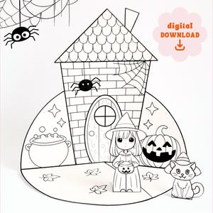 Halloween Paper Crafts for Kids- Haunted House, Hexe und Katze Papier Bastelbogen, sofortiger Download, druckbares Bastelset für Halloween