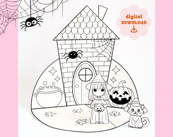 Halloween Paper Crafts for Kids- Haunted House, Witch and Cat paper craft activity, instant download, Halloween printable craft kit