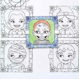 Halloween Printable Portraits with moving eyes, activity sheets, digital download colouring pages, paper crafts for kids