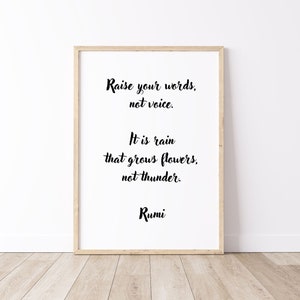 PRINTABLE Rumi Inspirational Quote, Rumi Raise your words not voice DIGITAL print, Spiritual Wall Art, Sufi Quote, Instant Download PNG, jpg