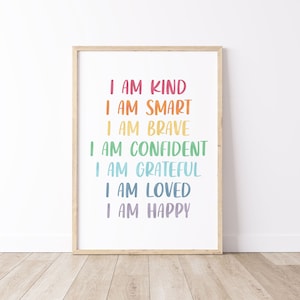 Rainbow Affirmations for Kids, Rainbow Affirmations DIGITAL Print, Inspirational Nursery Decor, I Am Kind, Smart, PRINTABLE Wall Art, PNG