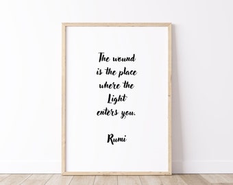 IMPRIMIBLE Cita inspiradora de Rumi, Rumi La herida es el lugar donde la Luz entra en ti Impresión DIGITAL, Arte de pared espiritual, Cita sufí PNG