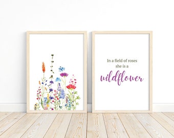 In A Field Of Roses She Is A Wildflower DIGITAL Print, Nursery Wall Decor, PRINTABLE Quote for girl, Girl Nursery Prints, Floral print, PNG