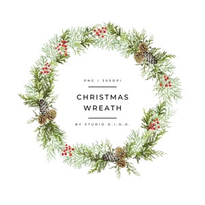 May include: A green Christmas wreath with red berries and pine cones. The wreath is decorated with sprigs of evergreen and has a white background. The text "Christmas Wreath" is written in black on a white background.