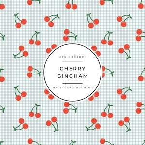 Cherry Digital Seamless Pattern | Pastel Green Gingham Digital Paper | Fruit Seamless Pattern | Cherry Digital Download | Commercial Use