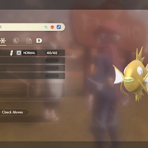Op de afbeelding: Een Magikarp Pokémon-videogamepersonage met een geel lichaam en witte vinnen. Het personage is level 31 en heeft 40 van de 40 gezondheidspunten. De zet van het personage heet "Splash".