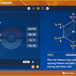 Puede incluir: Una captura de pantalla de un juego de Pokémon que muestra un Pokémon Tauros con los movimientos Placaje, Latigazo, Esfuerzo y Maldición. Las estadísticas del Pokémon se muestran, incluyendo PS, Ataque, Defensa, Ataque Especial, Defensa Especial y Velocidad. La habilidad del Pokémon es Intimidación.