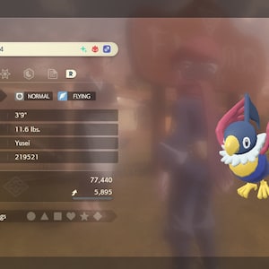 May include: A Chatot Pokemon, level 44, with a blue, yellow, and red color scheme. The Pokemon is a Normal and Flying type. The Pokemon's stats are shown, including its height of 3'9" and weight of 11.6 lbs.