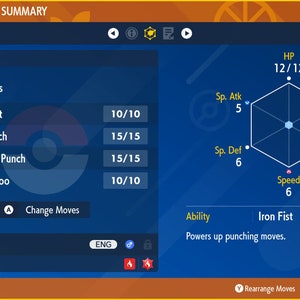 May include: A blue and white Pokemon status summary screen showing a Chimchar Pokemon with the moves Fake Out, Fire Punch, Thunder Punch, and Switcheroo. The screen also shows the Pokemon's stats, including HP, Attack, Defense, Special Attack, Special Defense, and Speed.