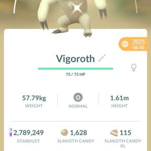 May include: A screenshot from a mobile game featuring a Vigoroth character with a CP of 411. The character is white with an orange and blue head. The image displays the character's weight at 57.79kg and height at 1.61m.