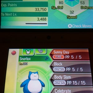 May include: A screenshot of a Nintendo DS game showing a Snorlax Pokemon character. The Pokemon is level 30 and has the Thick Fat ability. The Pokemon's stats are displayed, including HP, attack, defense, special attack, special defense, and speed. The Pokemon's moves are also displayed, including Sunny Day, Block, Body Slam, and Celebrate.