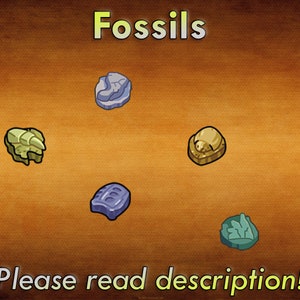 Può includere: Una collezione di nove fossili diversi, tra cui un guscio, un artiglio, una foglia e un cranio. I fossili sono disposti in un cerchio attorno al testo "Fossili" e "Si prega di leggere la descrizione!" L'immagine include anche due Poké Ball rosse e bianche.