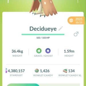 May include: A mobile game screen displays a Decidueye character with a CP of 1162. The character is green and brown, with a hat. Stats include weight (36.4kg), height (1.59m), and stardust (4,380,157).