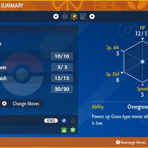 May include: A blue and white Pokemon status summary screen showing a Turtwig Pokemon with the moves Thrash, Superpower, Shell Smash, and Growth. The screen also shows the Pokemon's stats, including HP, Attack, Defence, Special Attack, Special Defence, and Speed.