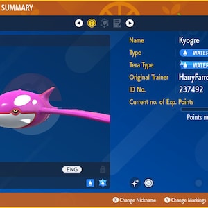 May include: A pink and white Kyogre Pokemon with a blue background. The Pokemon is level 20 and has a Water Tera type. The Pokemon's name, type, Tera type, original trainer, ID number, current experience points, and points needed to level up are listed on the right side of the screen.