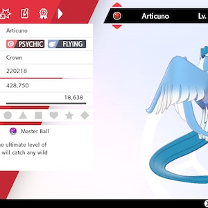 May include: A blue and white Articuno Pokemon character from the Pokemon video game series. The character is level 70 and is holding a Master Ball. The text on the screen reads "Articuno Lv. 70" and "Master Ball".