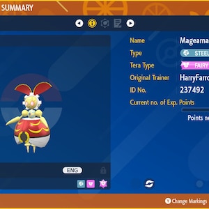 以下が含まれることがあります： 鋼と妖精タイプのポケモン、マギアナの3Dモデル。テラタイプはピンク。レベルは50で、経験値は156,250。レベルアップには、あと9,563の経験値が必要。最初のトレーナーはハリーファロンで、ID番号は237492です。