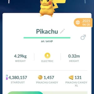 May include: A mobile game screen displays a Pikachu character wearing a sailor hat. The screen shows the character's stats, including its weight of 4.29kg, height of 0.32m, and CP of 386. The game interface also shows the character's moves.
