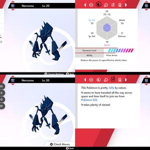 Pode incluir: Um visor digital mostrando informações sobre um Pokémon Necrozma. O visor inclui estatísticas, movimentos e uma descrição. O Pokémon é uma figura cristalina azul escura.