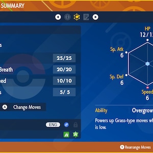 Può includere: Uno schermo blu con un riepilogo dello stato Pokémon per un Treecko. Lo schermo mostra le statistiche, le mosse e l'abilità del Pokémon. Il nome del Pokémon è Treecko ed è di livello 1. L'abilità del Pokémon è Overgrow, che potenzia le mosse di tipo Erba quando i PS del Pokémon sono bassi.