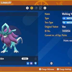 Pode incluir: Um Pokémon azul e roxo chamado Walking Wake, nível 75, com tipo Água e Dragão. O Pokémon tem uma coroa azul e branca na cabeça e uma longa juba roxa que flui. O Pokémon está em pé sobre um fundo azul. O texto "Walking Wake" é exibido abaixo do Pokémon. O texto "ENG" é exibido no canto superior direito da imagem. O texto "Lv. 75" é exibido abaixo do nome do Pokémon.