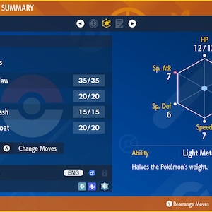 May include: A blue screen with a Pokemon status summary. The Pokemon is a Duraludon, level 1. The Pokemon's stats are displayed in a hexagon shape with the following stats: HP 12/12, Sp. Atk 7, Sp. Def 6, Attack 6, Defense 7, Speed 7. The Pokemon's current moves are Metal Claw, Slash, Night Slash, and Mirror Coat. The Pokemon's ability is Light Metal, which halves the Pokemon's weight.