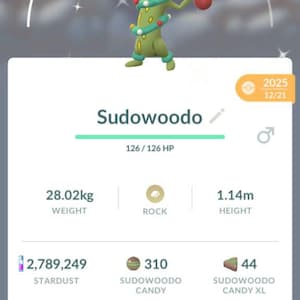 May include: A screenshot from a mobile game featuring a green Sudowoodo character with red bulbous arms and a star-shaped head. The image displays stats: 28.02kg weight, 1.14m height, and CP1620.