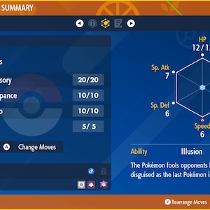 May include: A blue and white Pokémon status summary screen showing Zorua, a fox-like Pokémon, with the moves Extrasensory, Comeuppance, Memento, and Detect. The screen also shows Zorua's stats, including HP, Attack, Defense, Special Attack, Special Defense, and Speed.